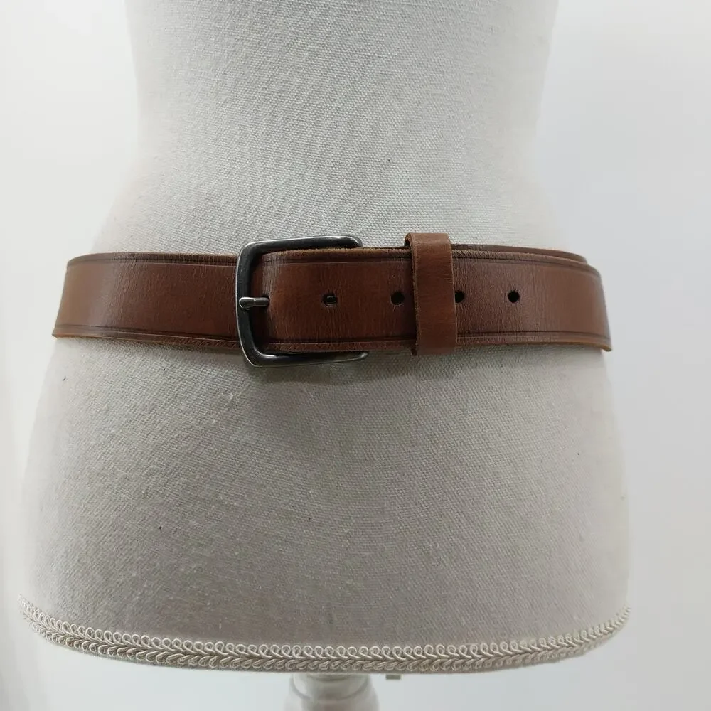 Wrangler Mens Brown Leather Belt Sz 34 Silver 1 Prong Buckle